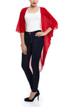 Model wearing red chiffon kimono facing forward